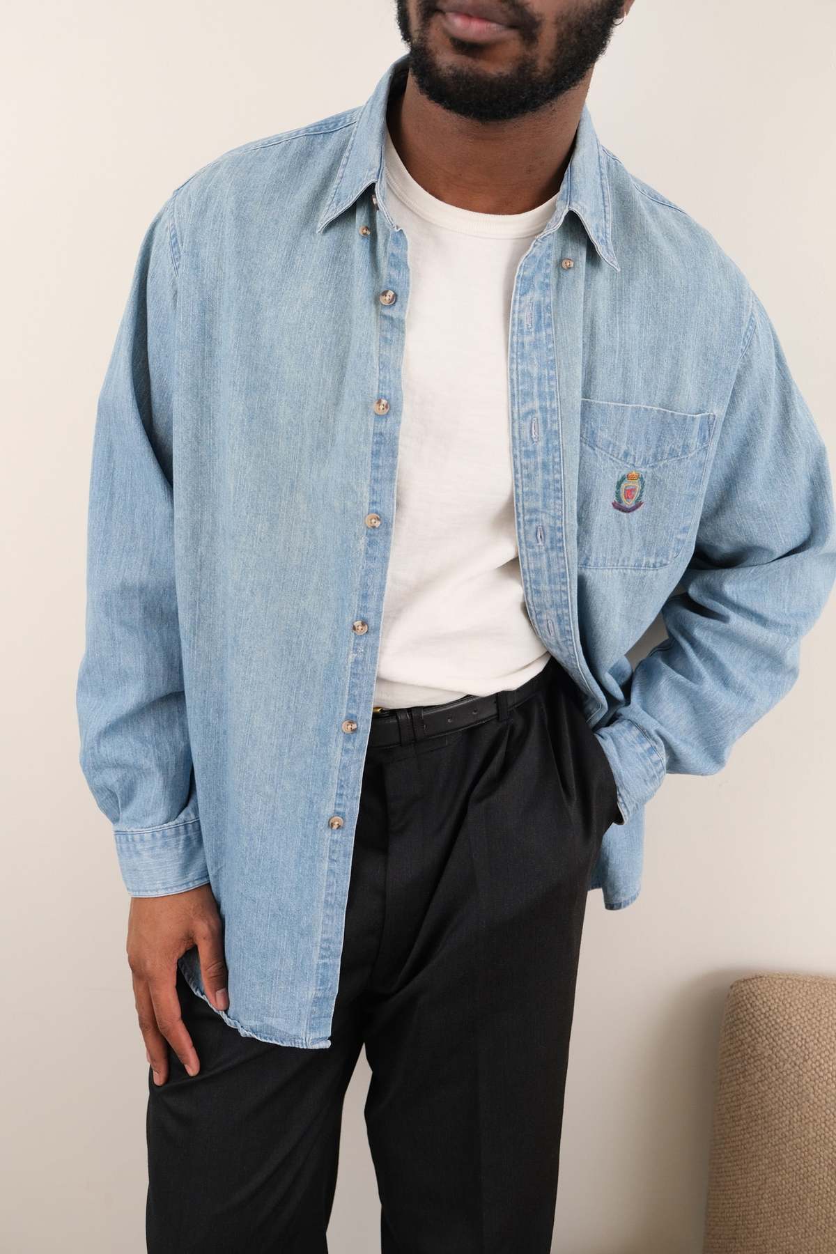 Vintage Hermine 90s Light Wash Cotton Denim Shirt - Blue - Image 2 of 4