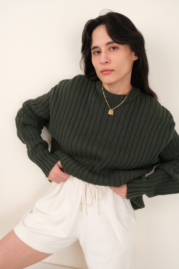 Hermine Vintage 90s Rosemary Cotton Ribbed Crewneck Sweater - Green