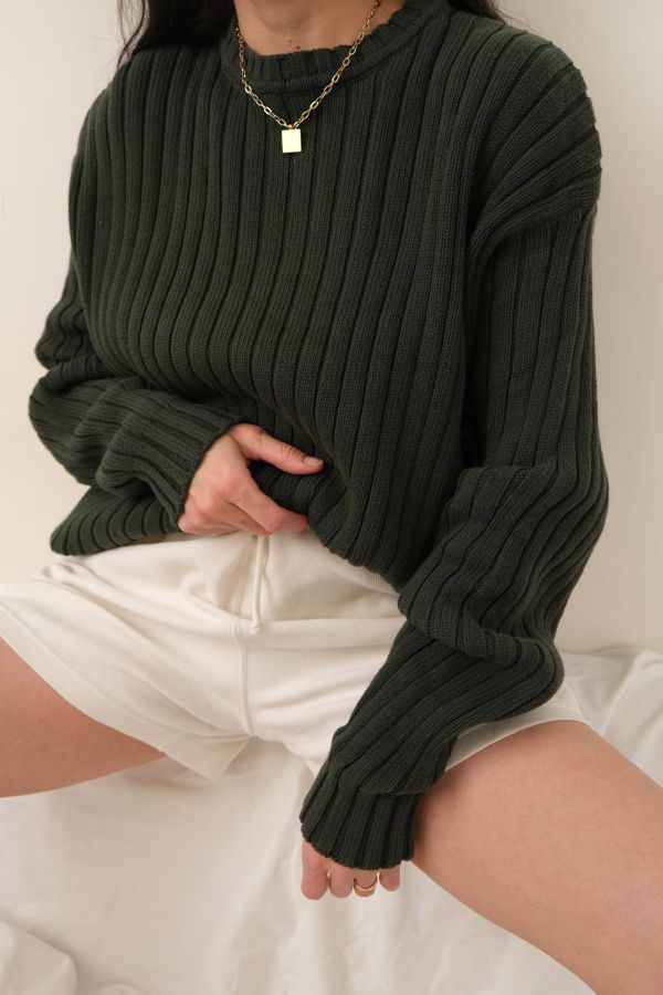 Hermine Vintage 90s Rosemary Cotton Ribbed Crewneck Sweater - Green