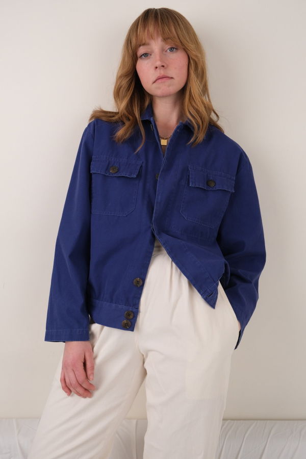 Hermine Vintage Lapis Cotton Cropped Button Up European Work Jacket - Blue