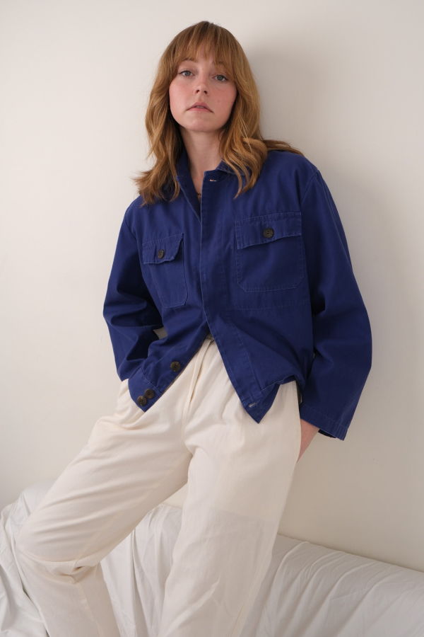 Hermine Vintage Lapis Cotton Cropped Button Up European Work Jacket - Blue