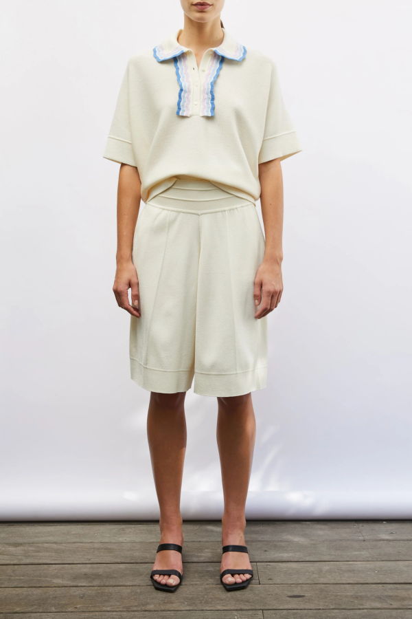 Molli Duc Rick-Rack Edged Collar Polo Top - Natural/Multi