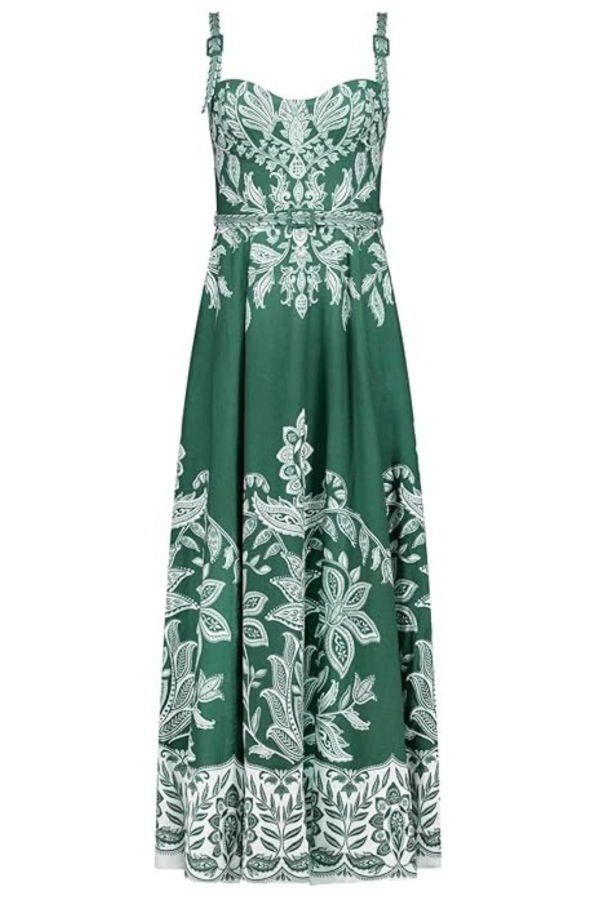 Farm Rio Belt Buckles Maxi Dress - Miranda Dark Green