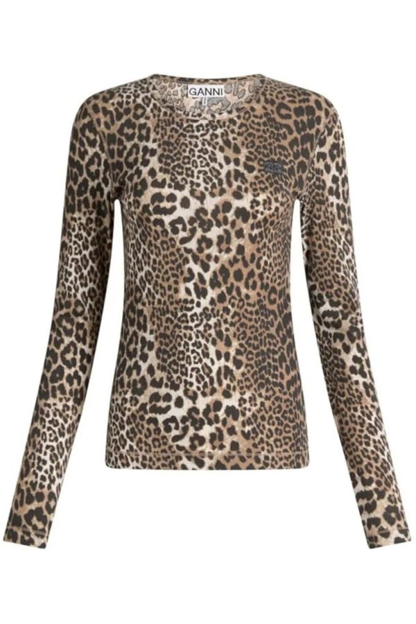 Ganni Leopard Rib Long Sleeve Shirt - Leopard
