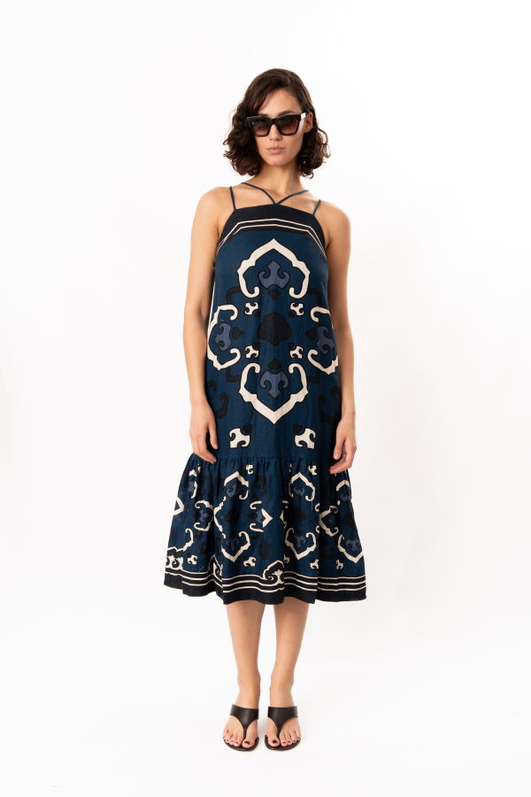 Sea NY Blaise Print Spaghetti Strap Dress - Navy