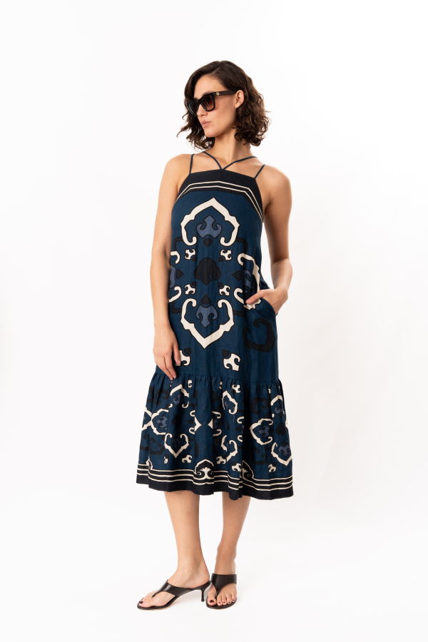 Sea NY Blaise Print Spaghetti Strap Dress - Navy