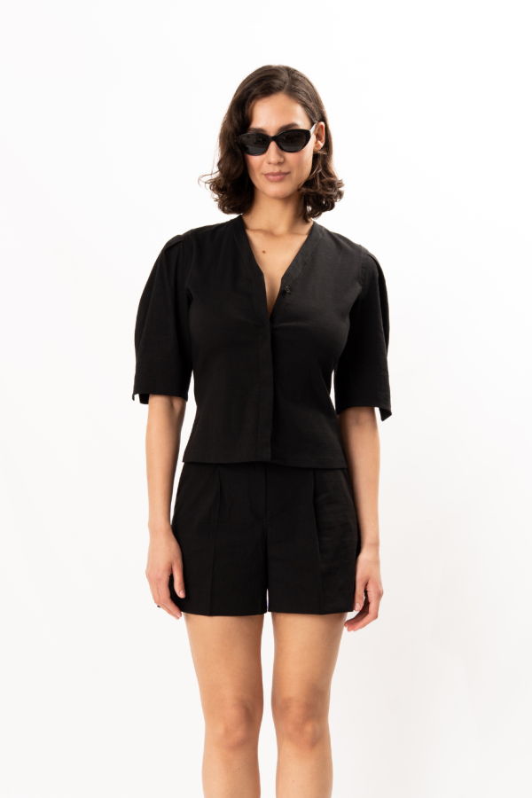 Theory Round Sleeve Button-Up Top - Black
