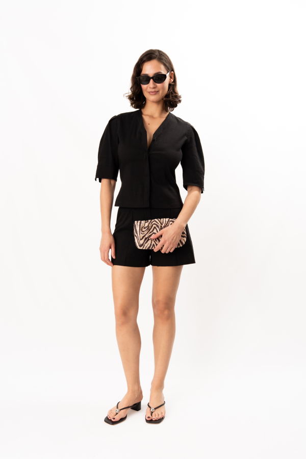 Theory Round Sleeve Button-Up Top - Black