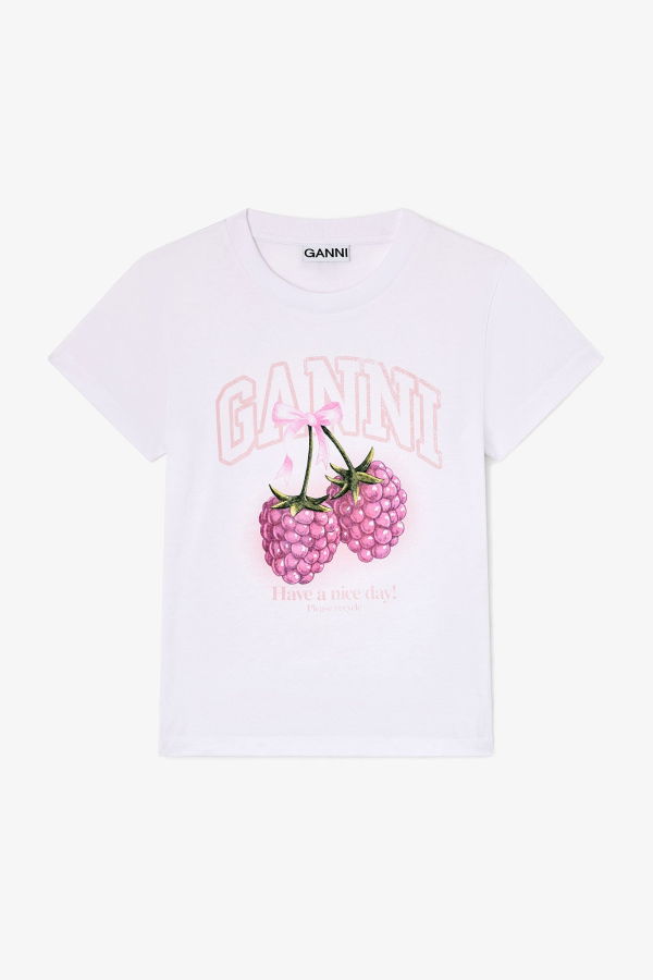 Ganni Baby Fit T-shirt with Raspberry Tee - Bright White
