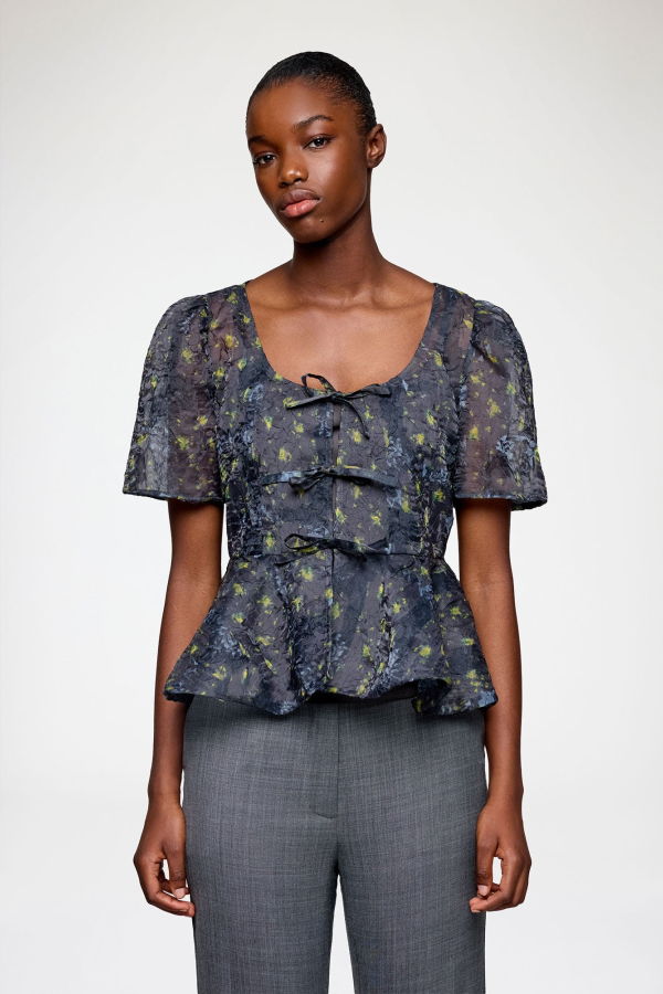 Ganni Peplum Blouse in Shibori Organza - Black Sand