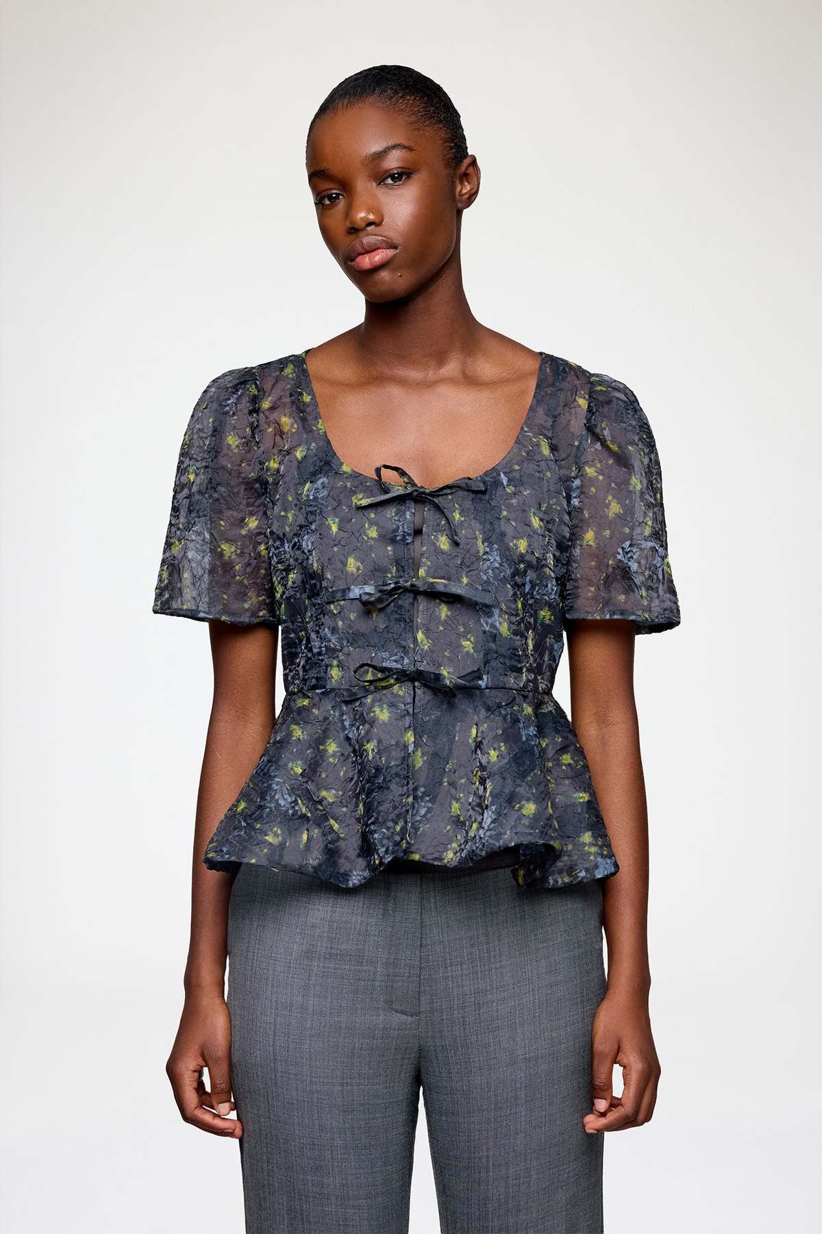 Ganni Peplum Blouse in Shibori Organza - Black Sand - Image 1 of 4