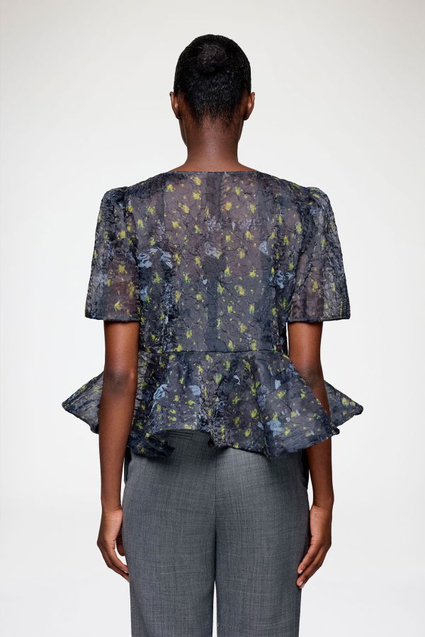 Ganni Peplum Blouse in Shibori Organza - Black Sand