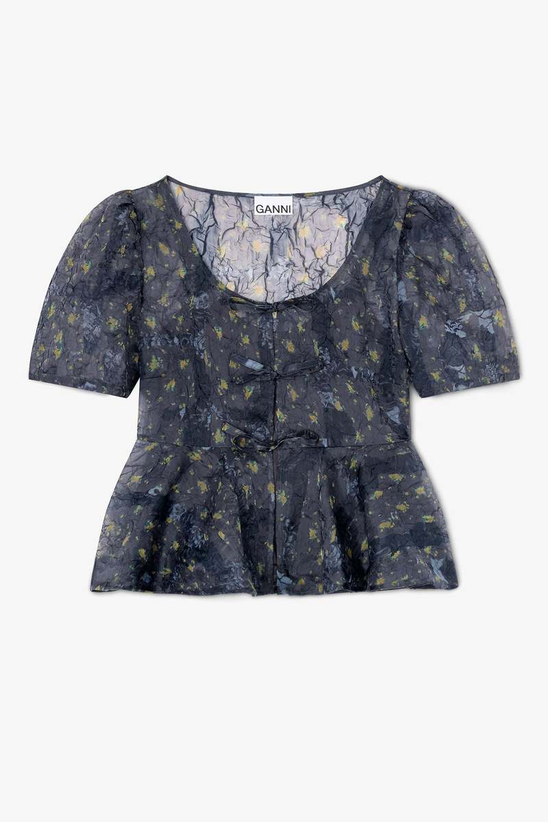 Ganni Peplum Blouse in Shibori Organza - Black Sand