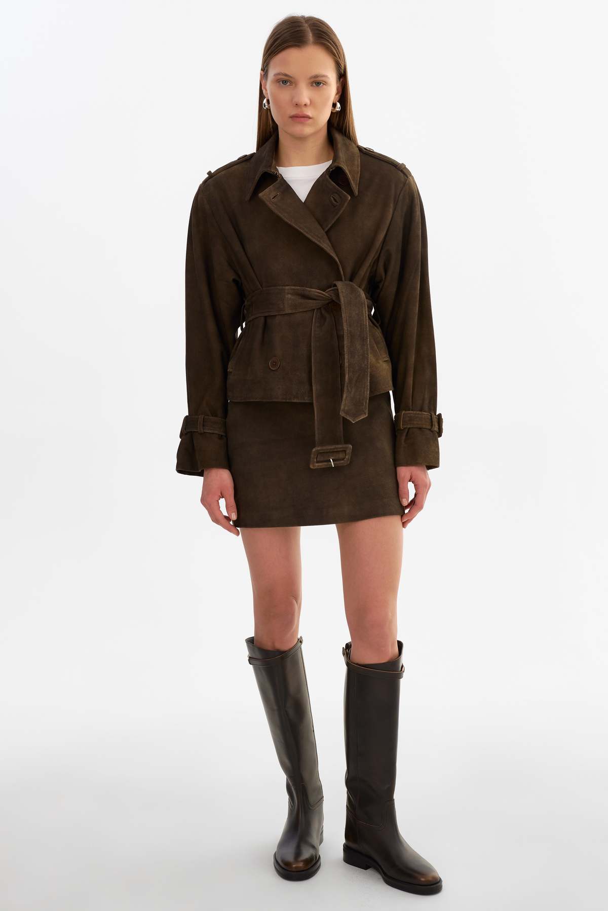 LAMARQUE Dhana Short Suede Trench Coat - Dark Brown - Image 1 of 4