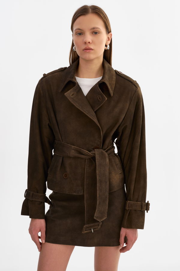 LAMARQUE Dhana Short Suede Trench Coat - Dark Brown