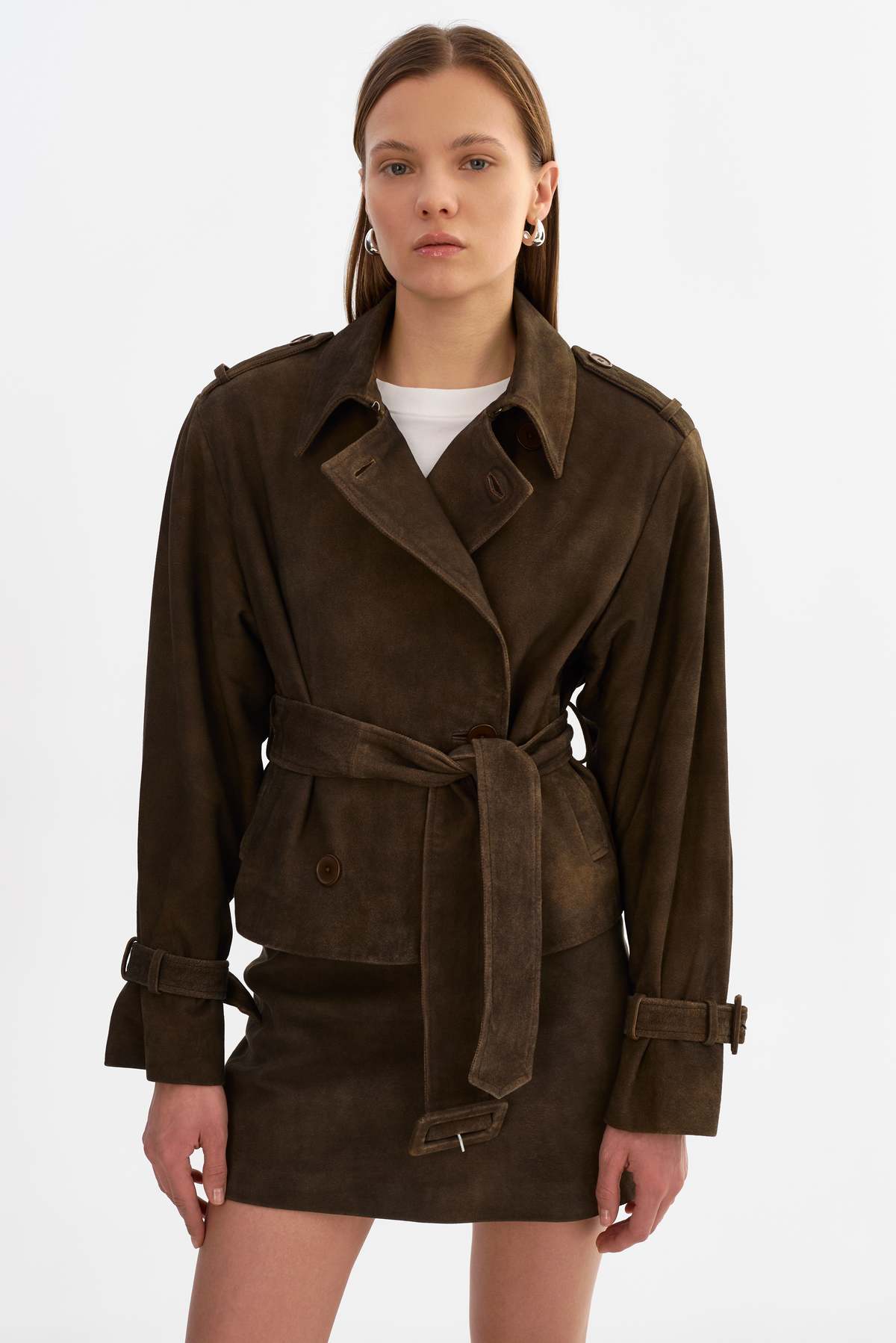LAMARQUE Dhana Short Suede Trench Coat - Dark Brown - Image 2 of 4