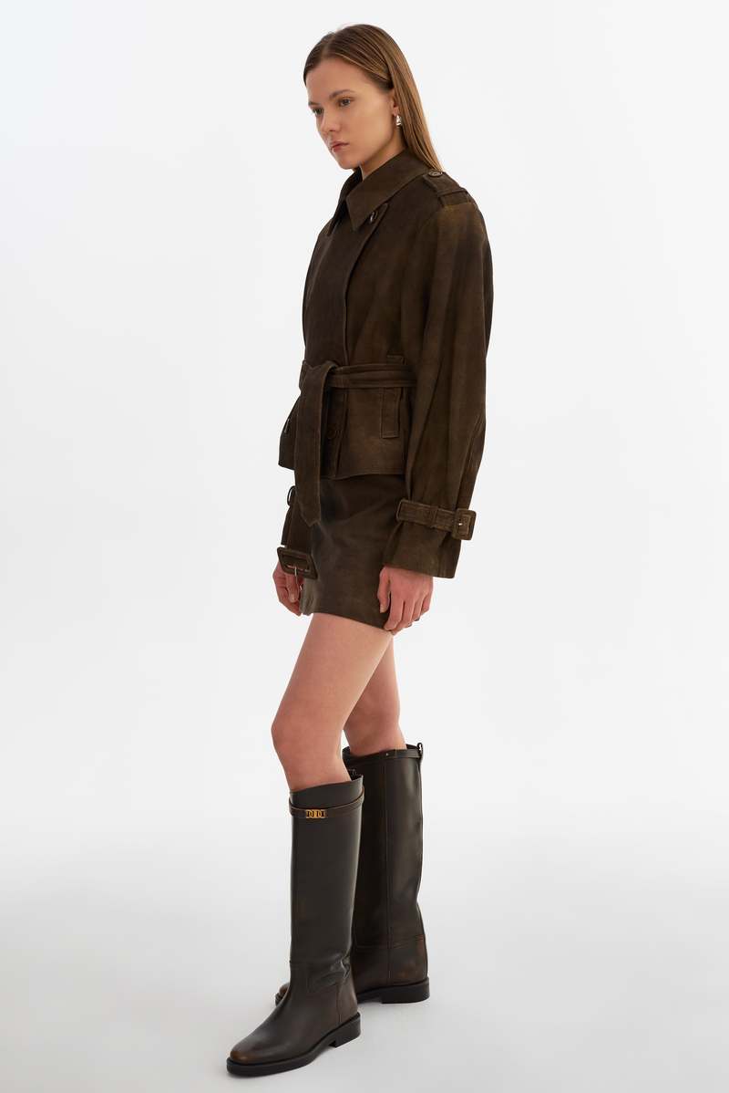 LAMARQUE Dhana Short Suede Trench Coat - Dark Brown