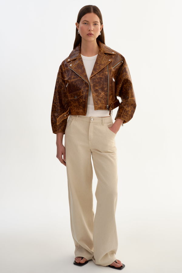 LAMARQUE Vinnie Leather Cropped Biker Jacket - Brown