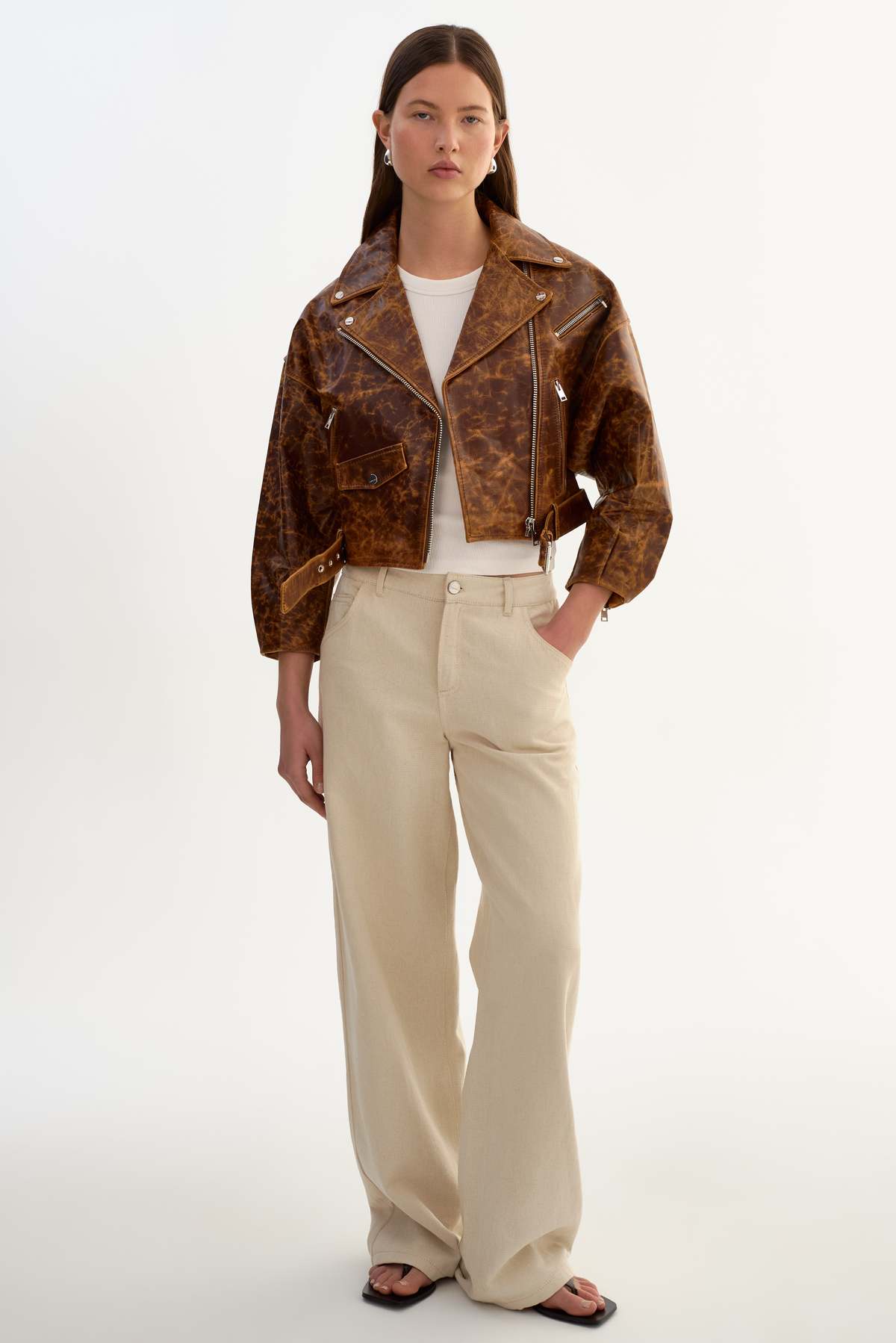 LAMARQUE Vinnie Leather Cropped Biker Jacket - Brown - Image 1 of 5