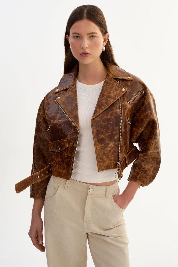 LAMARQUE Vinnie Leather Cropped Biker Jacket - Brown