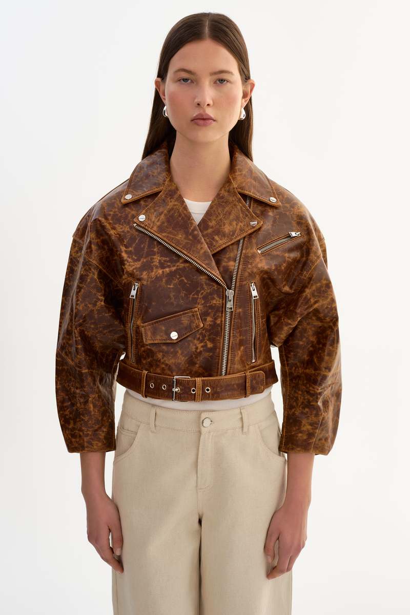 LAMARQUE Vinnie Leather Cropped Biker Jacket - Brown