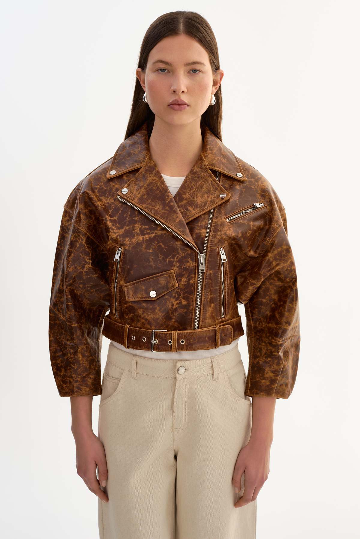 LAMARQUE Vinnie Leather Cropped Biker Jacket - Brown - Image 3 of 5