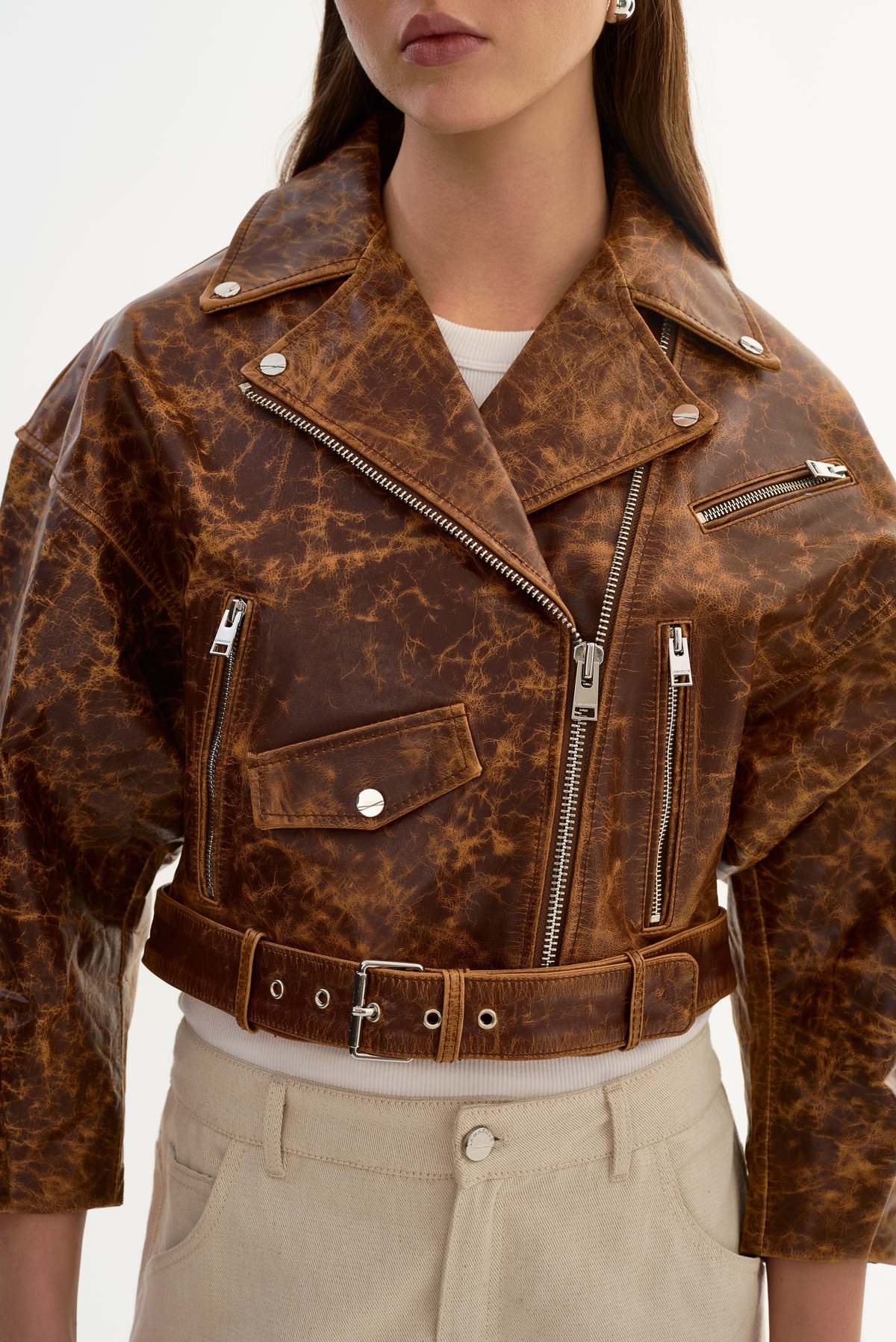 LAMARQUE Vinnie Leather Cropped Biker Jacket - Brown - Image 4 of 5