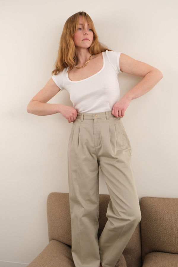 Hermine Vintage 90s Sand Cotton Pleated High-Rise Trousers - Beige