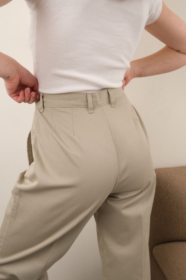 Hermine Vintage 90s Sand Cotton Pleated High-Rise Trousers - Beige