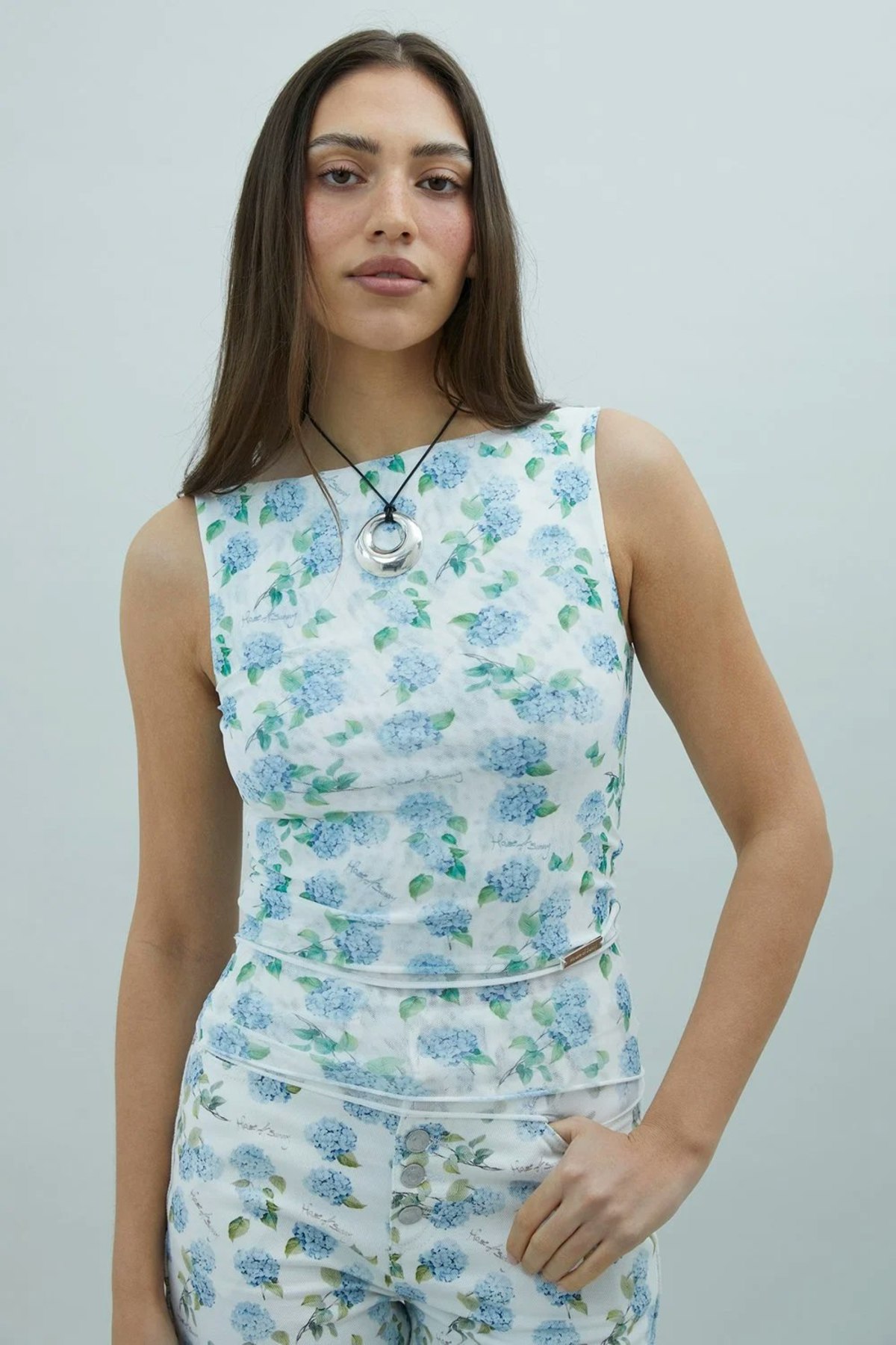 House of Sunny Hydrangea Double Layer Mesh Top - Soft Blue - Image 1 of 15