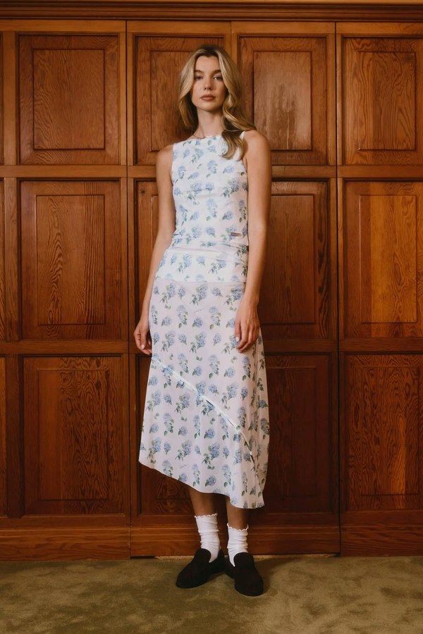 House of Sunny Hydrangea Asymmetric Mesh Skirt - Soft Blue