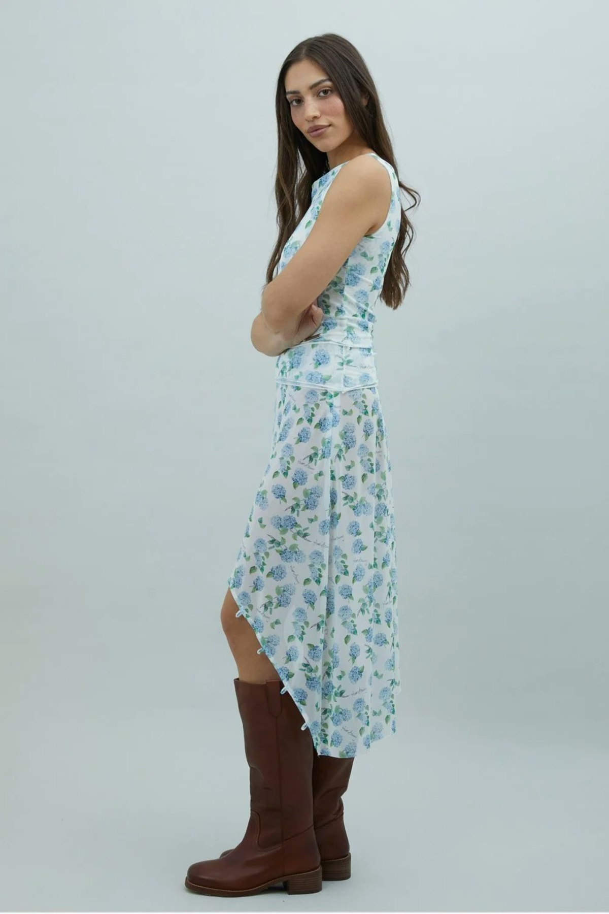 House of Sunny Hydrangea Asymmetric Mesh Skirt - Soft Blue - Image 6 of 18