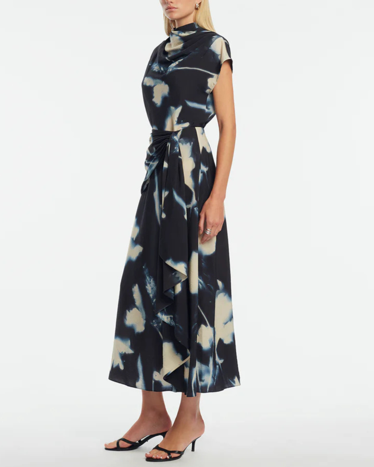 Lela Rose Abstract Floral Crepe Cascade Skirt - Navy - Image 3 of 4