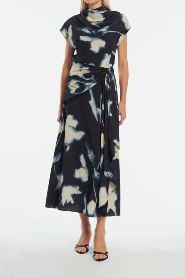 Lela Rose Abstract Floral Crepe Draped Top - Navy