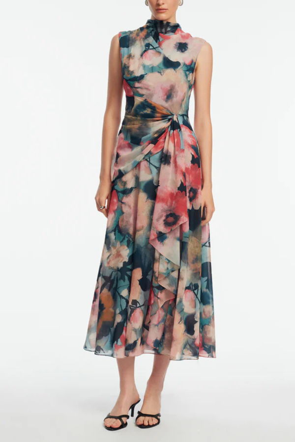Lela Rose Floral Printed Chiffon Dress - Mist Multi
