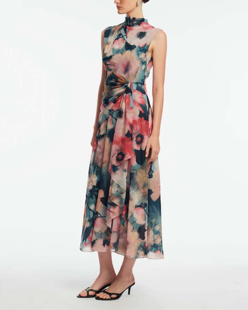 Lela Rose Floral Printed Chiffon Dress - Mist Multi