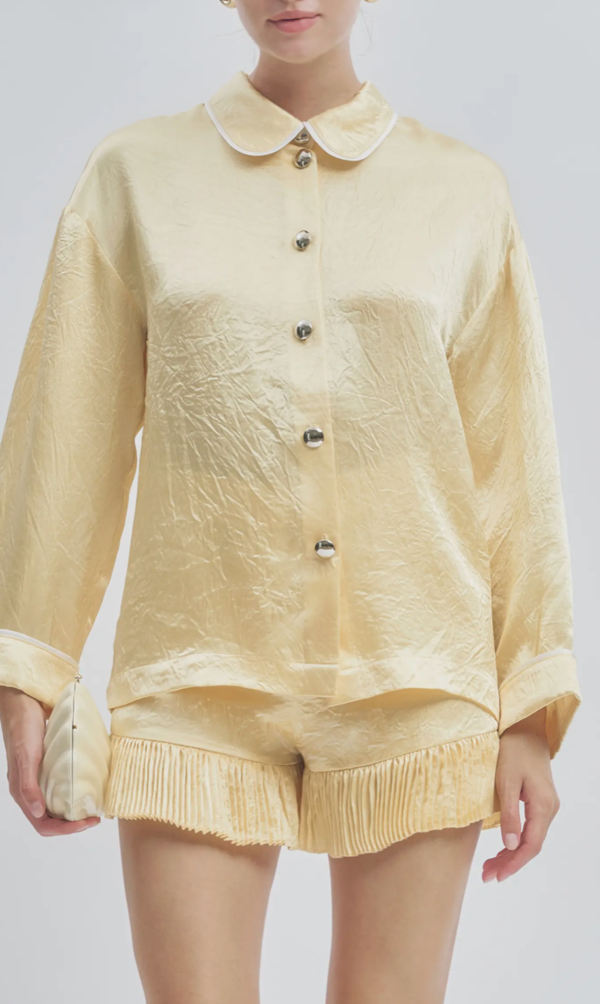 Maude Club Porter Crinkle Satin Oversized Shirt Top - Butter Yellow