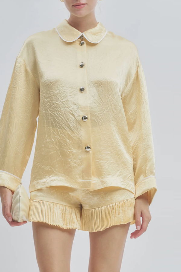 Maude Club Porter Crinkle Satin Oversized Shirt Top - Butter Yellow