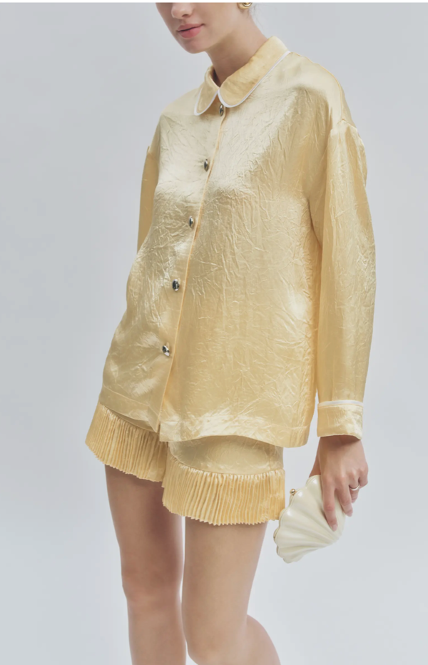 Maude Club Porter Crinkle Satin Oversized Shirt Top - Butter Yellow