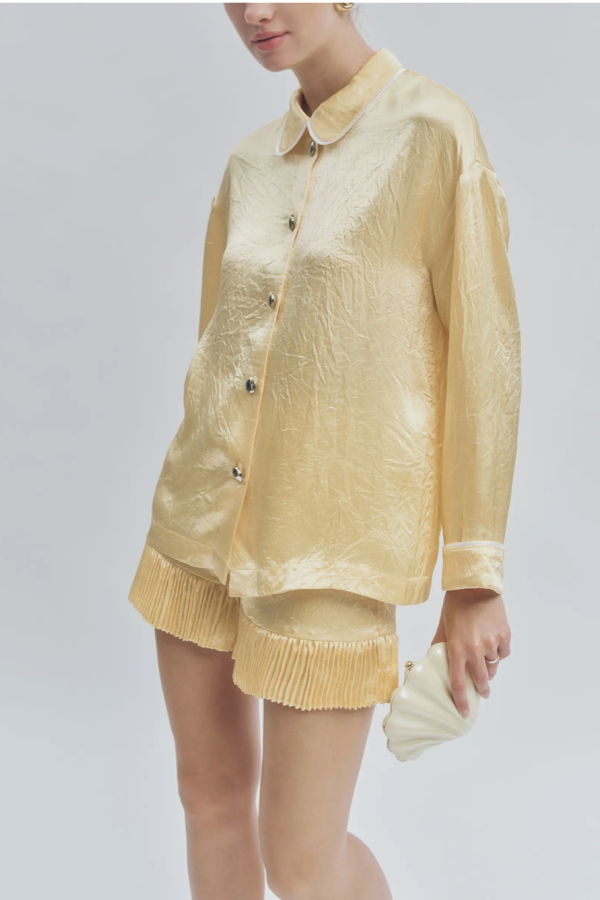 Maude Club Porter Crinkle Satin Oversized Shirt Top - Butter Yellow
