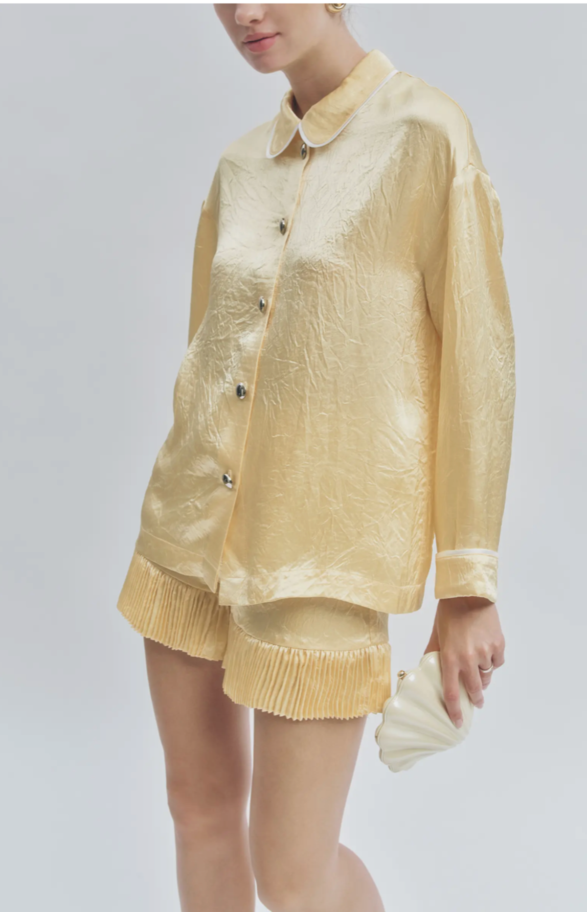 Maude Club Porter Crinkle Satin Oversized Shirt Top - Butter Yellow - Image 2 of 3