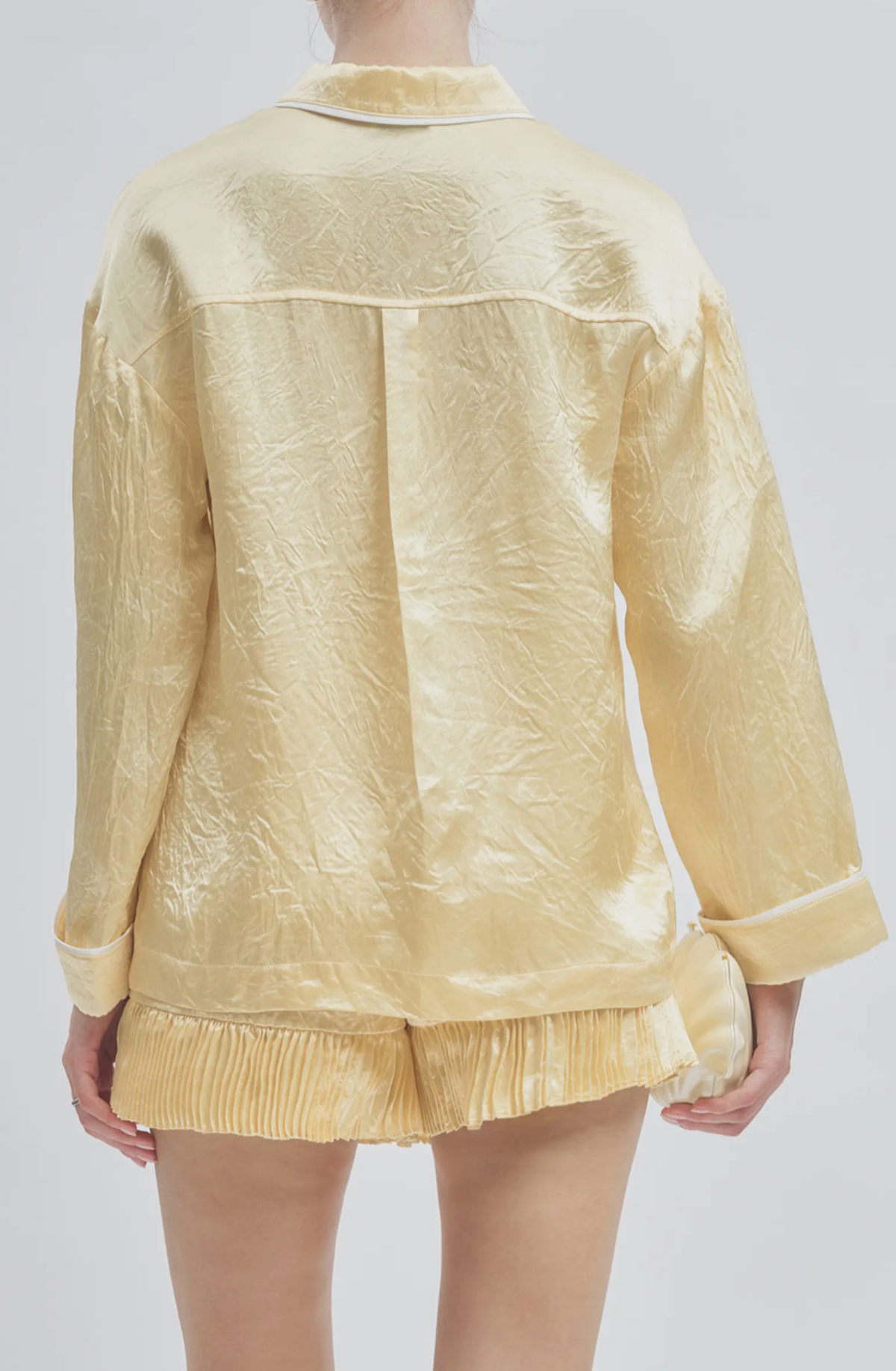 Maude Club Porter Crinkle Satin Oversized Shirt Top - Butter Yellow - Image 3 of 3
