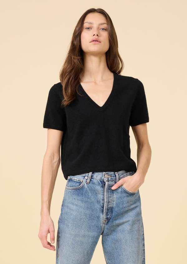 ONE GREY DAY Kadri Cashmere V-Neck Tee - Black