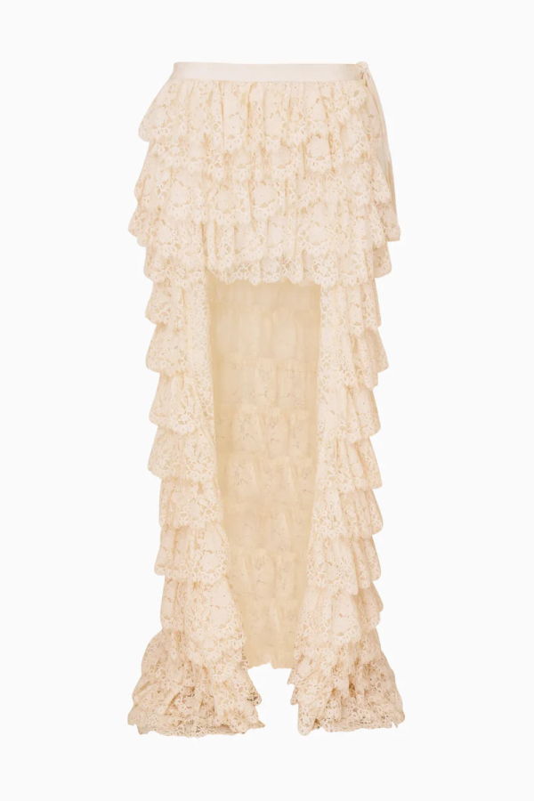 LoveShackFancy Camilia Lace Ruffle High-Low Skirt - Cream