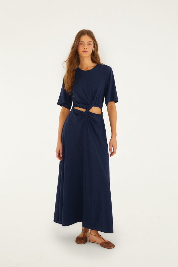 Farm Rio Cut Out Short Sleeve Midi Dress - Dark Blue