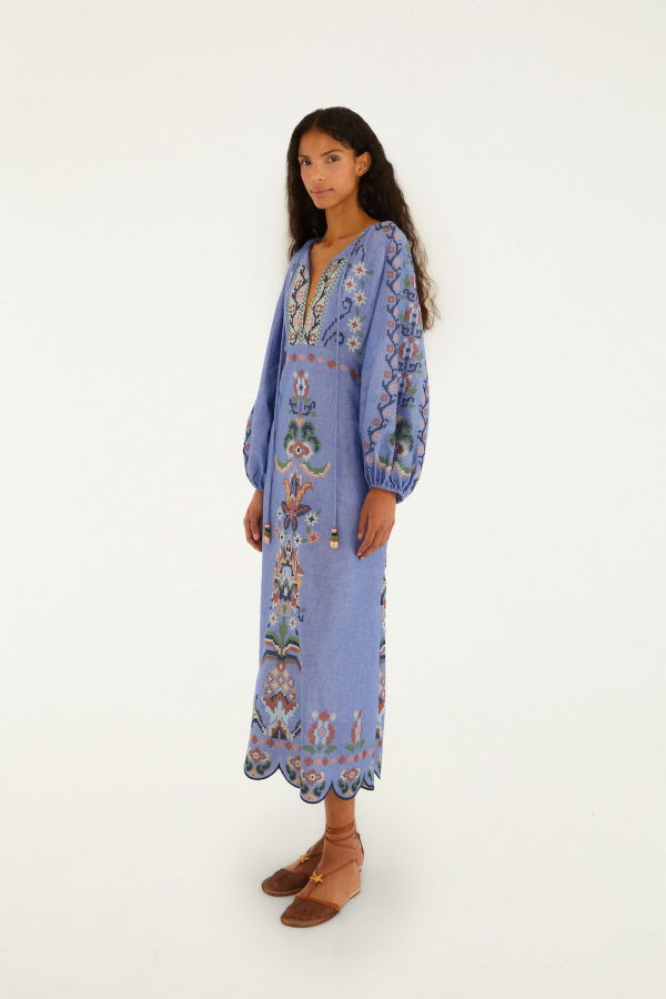 Farm Rio Garden Tapestry L/S Midi Dress - Garden Tapestry Blue