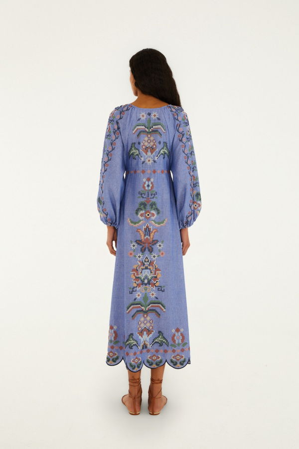 Farm Rio Garden Tapestry L/S Midi Dress - Garden Tapestry Blue