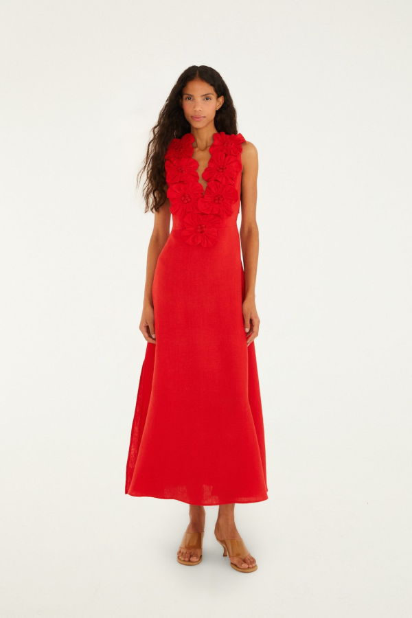 Farm Rio Euroflax Premium Linen Midi Dress - Red