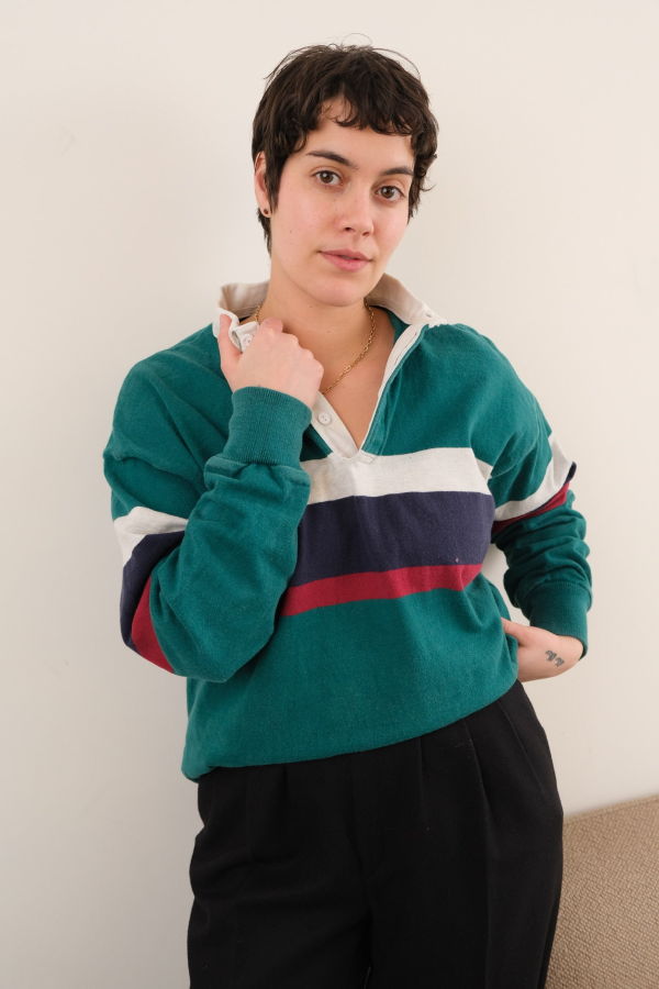 Hermine Vintage 80s Pine Cotton Striped Long-Sleeve Rugby Shirt - Green