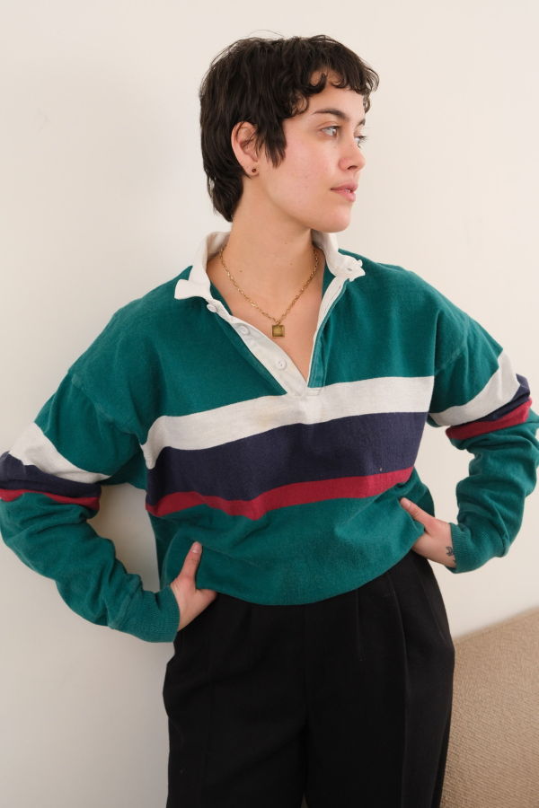 Hermine Vintage 80s Pine Cotton Striped Long-Sleeve Rugby Shirt - Green